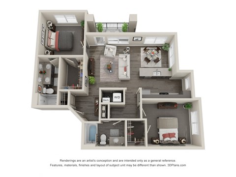 Floor plan for 2 beds, 2 baths, 1114 sqft